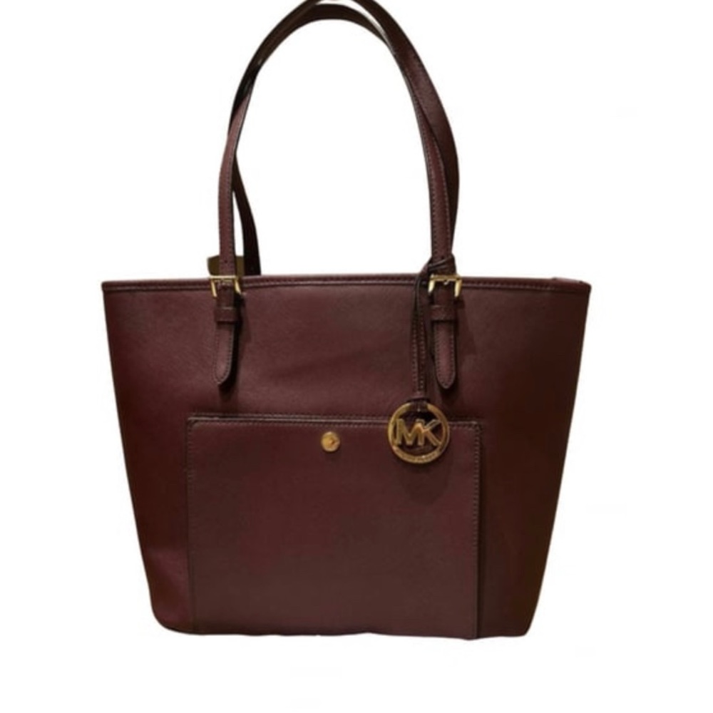 Michael Kors Jet Set Snap Pocket Leather Tote Maroon - Picture 4 of 6